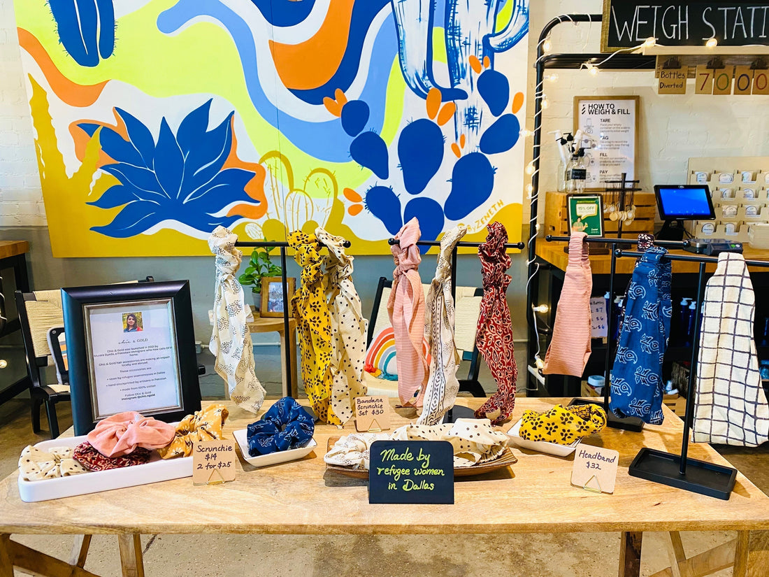 A table with a variety of hair accessories at a store in Bishop Arts, Dallas, TX